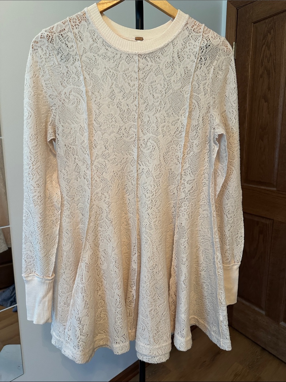 Free People Cream Lace Long Sleeve Flared Tunic Top, Small